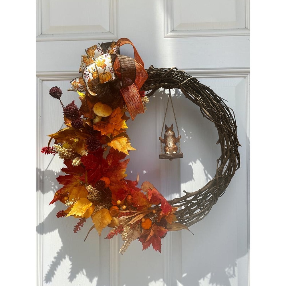 Fall Grapevine Wreath Squirrel on Swing Autumn Maple Leaf Pumpkin Bow Decor